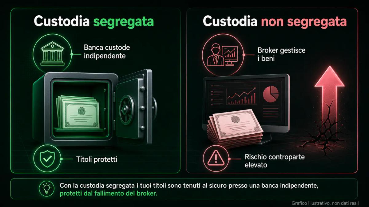 Diagramma che mostra titoli presso banca custode indipendente versus titoli gestiti direttamente dal broker