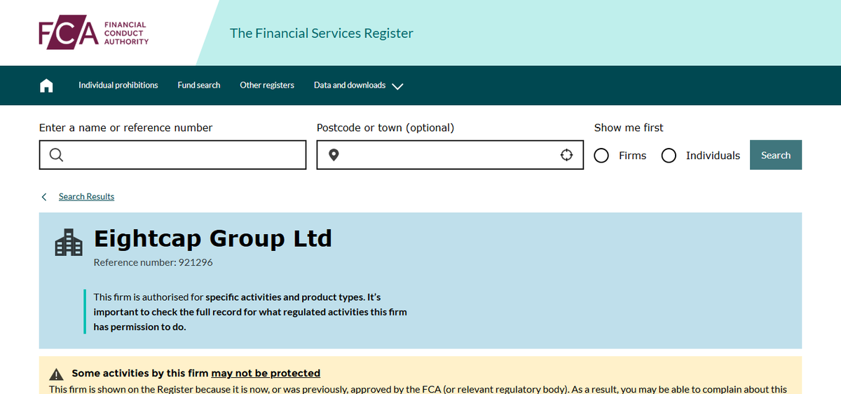 Registro FCA con la FRN 921296 de Eightcap Group Ltd en pantalla completa