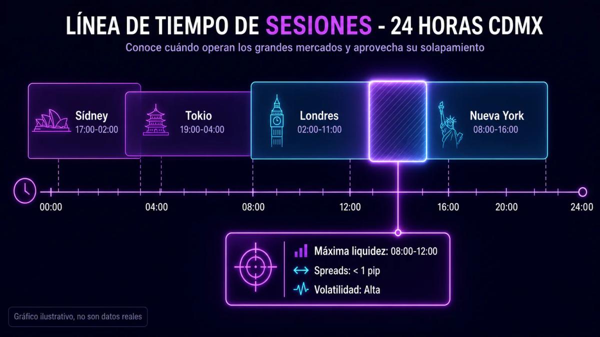 Línea de tiempo de 24 horas con el solape Londres-Nueva York resaltado entre 08:00 y 12:00 CDMX
