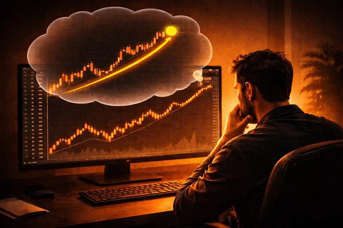Trader viewing a stock chart that appears obvious in hindsight with a clear trend line highlighted