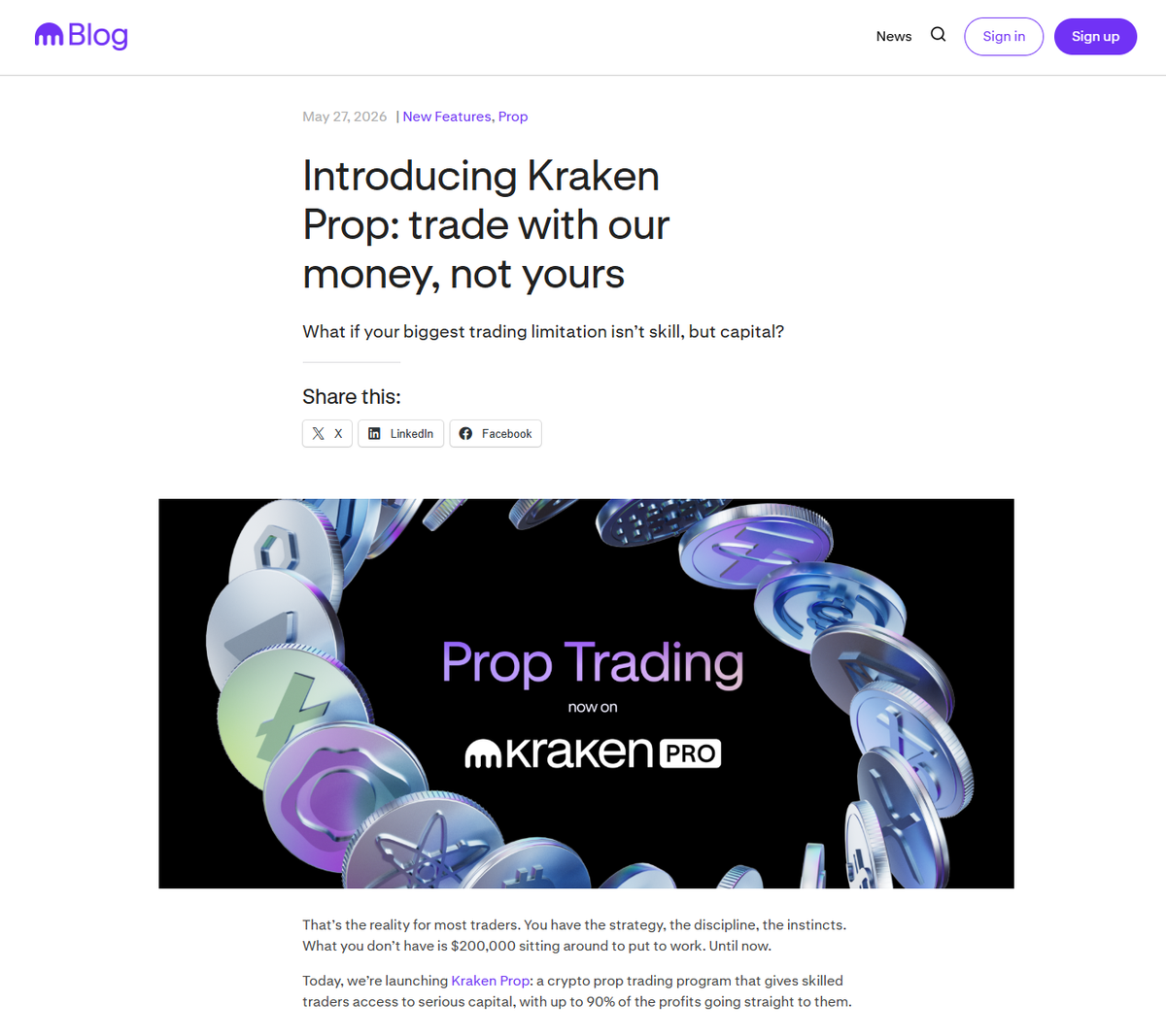 Kraken blog article announcing Kraken Prop with headline and product overview