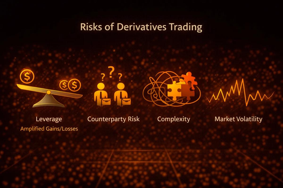 Illustration of derivatives trading risks including leverage, counterparty risk, complexity, and market volatility