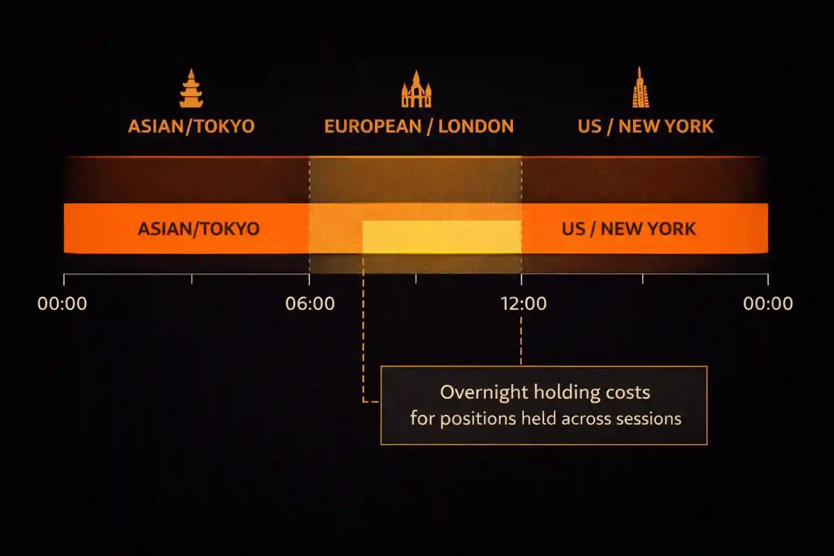 Horizontal timeline of global trading sessions showing Asian European and US market hours with overlap periods and overnight holding cost callout