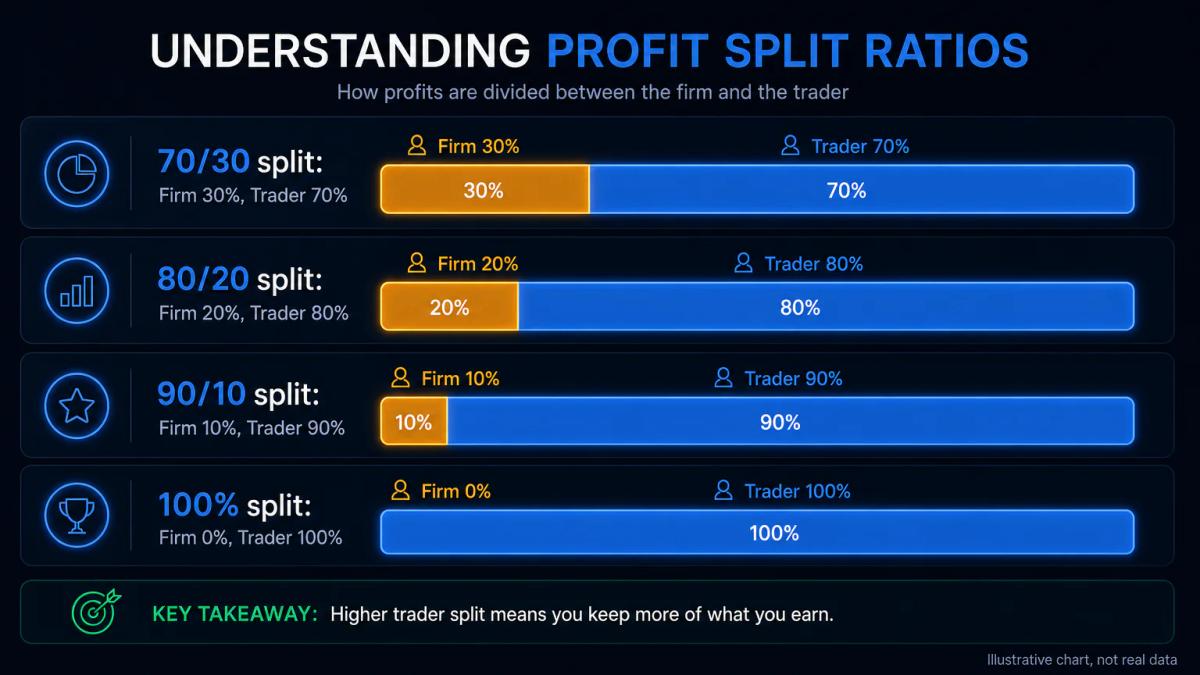 Four profit split ratios compared: 70/30, 80/20, 90/10, and 100% with firm and trader portions labeled