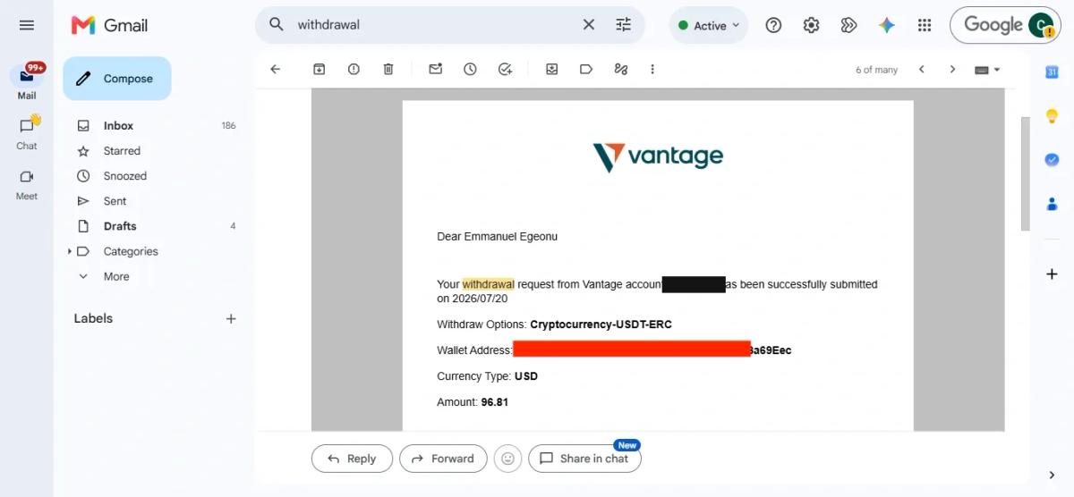 Vantage email confirming a 96.81 withdrawal request to a USDT ERC20 wallet was submitted