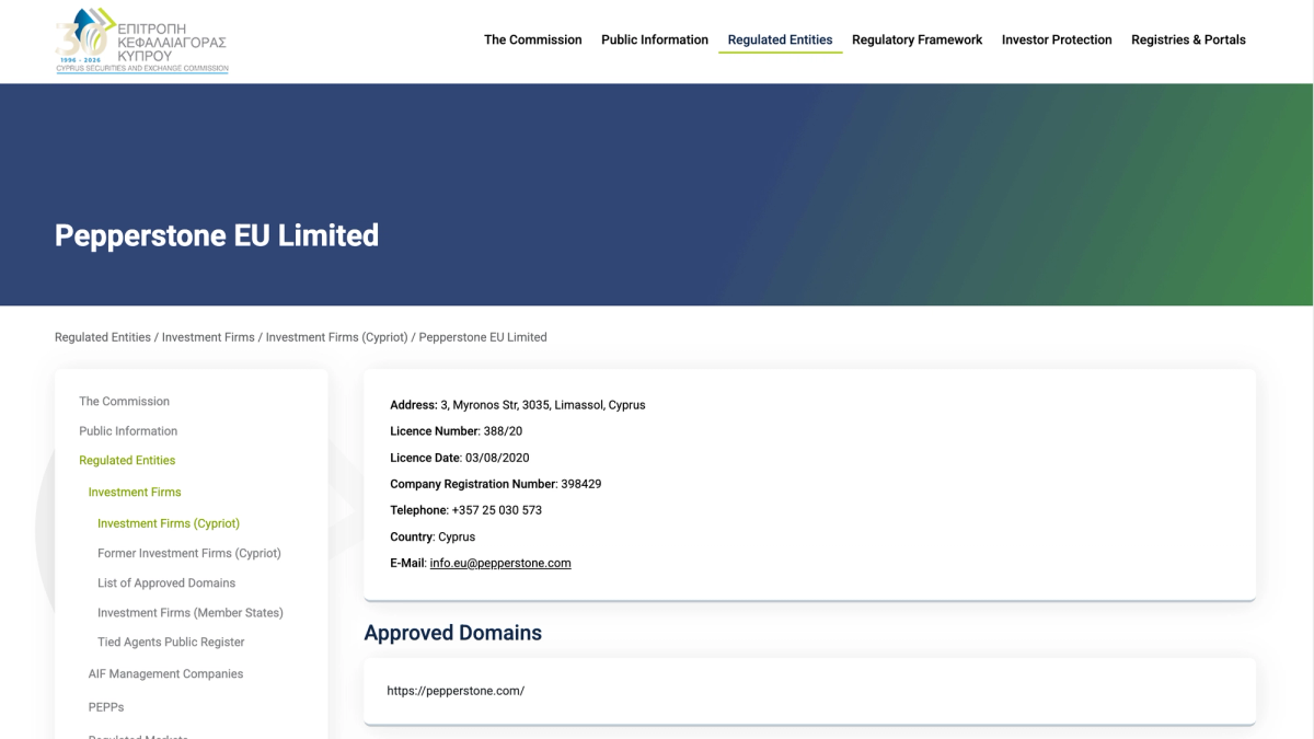 Pagina del registro CySEC con la licenza 388/20 di Pepperstone EU Limited visibile