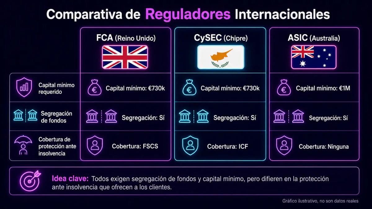 Tabla comparativa de tres reguladores: FCA Reino Unido, CySEC Chipre y ASIC Australia con requisitos de capital, segregación