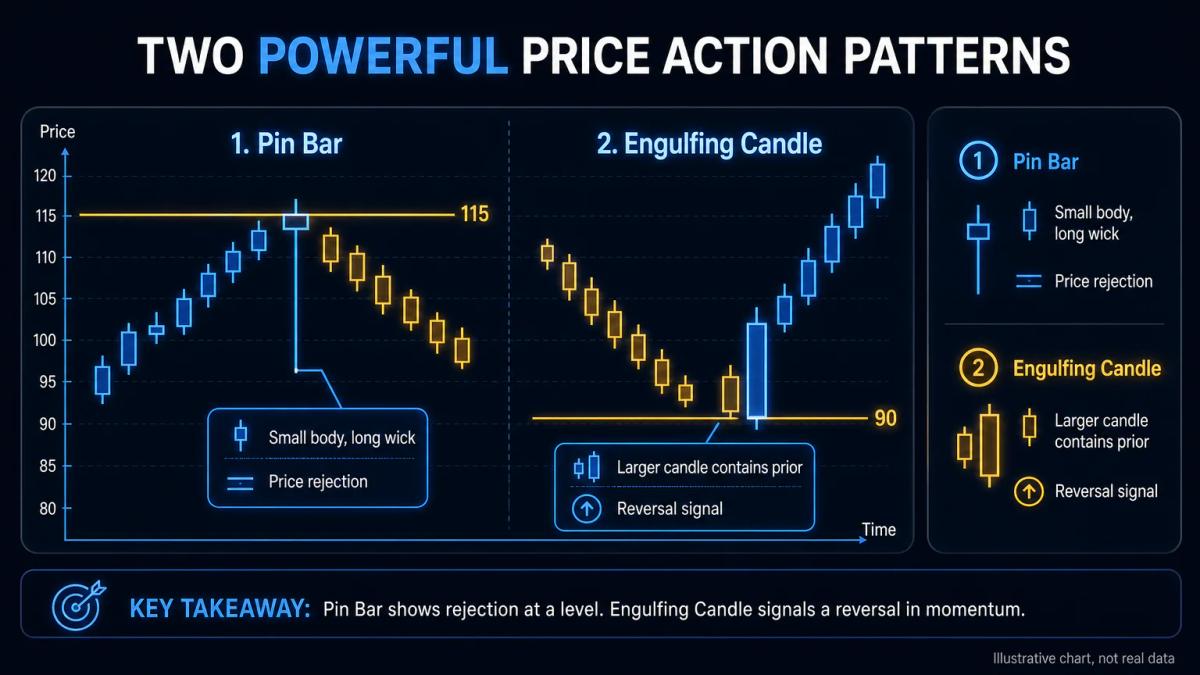 Pin bar and engulfing candle patterns labeled on a price chart with annotations