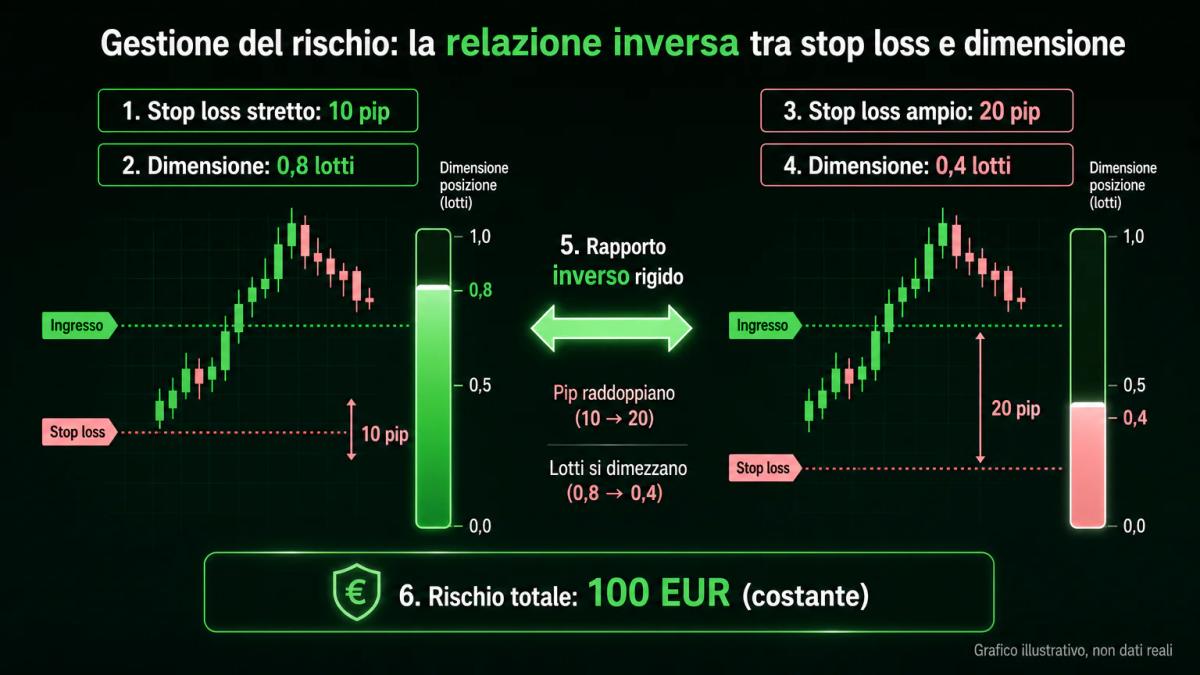 Infografica che confronta due scenari di position sizing: stop loss stretto versus stop loss ampio, con le relative dimension
