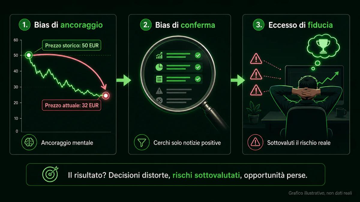 Tre fasi di una decisione di trading: prezzo ancorato nel passato, ricerca selettiva di conferme, e fiducia eccessiva nel con