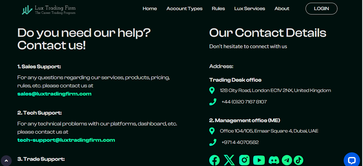 Help center and contact options for Lux Trading, including live chat and email