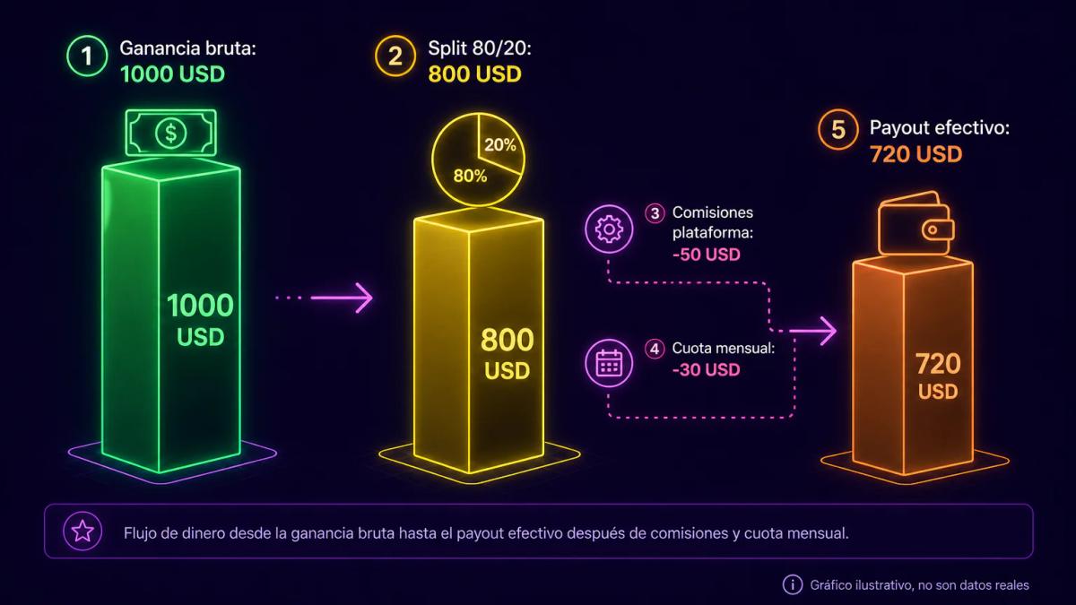 Infografía de tres columnas mostrando ganancia bruta, split nominal y payout efectivo con deducciones