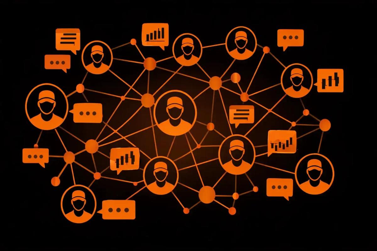 Social trading network visualization showing interconnected trader profiles sharing analysis comments and market insights