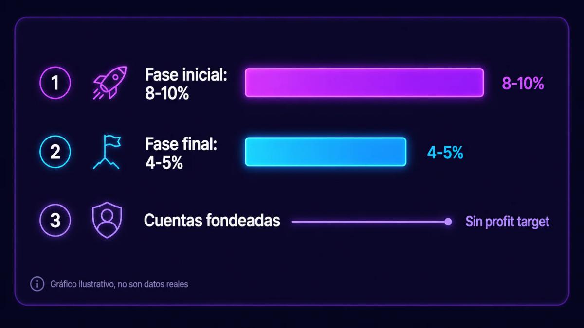 Tabla comparativa de profit targets por fase de evaluación: fase 1 entre 8-10%, fase 2 entre 4-5%, cuentas fondeadas sin obje