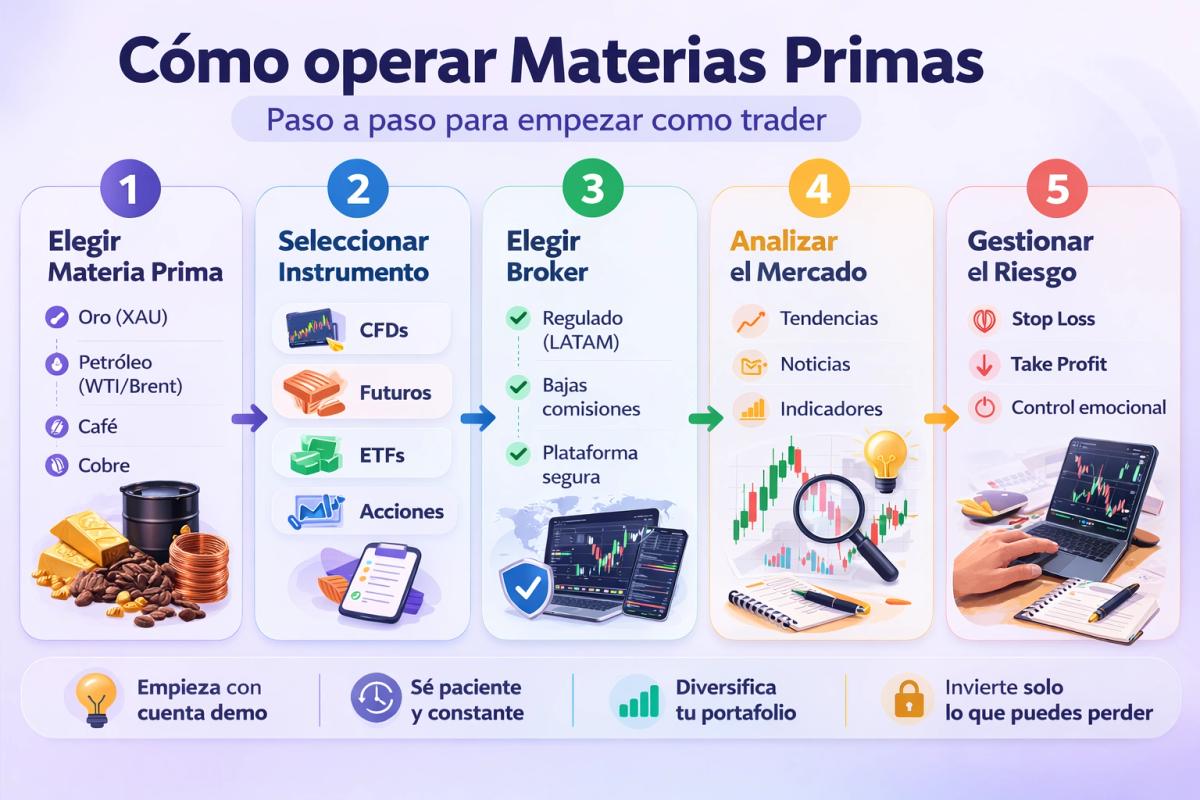 Diagrama de flujo de 5 pasos: elegir materia prima, seleccionar instrumento, elegir broker, analizar, gestionar riesgo