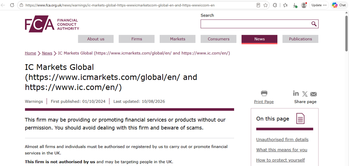 FCA warning page showing a clone-firm alert for IC Markets dated 01/10/2024