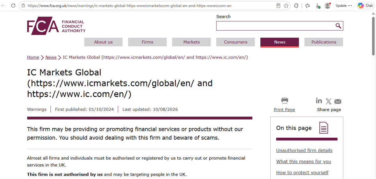 FCA warning page showing a clone-firm alert for IC Markets dated 01/10/2024