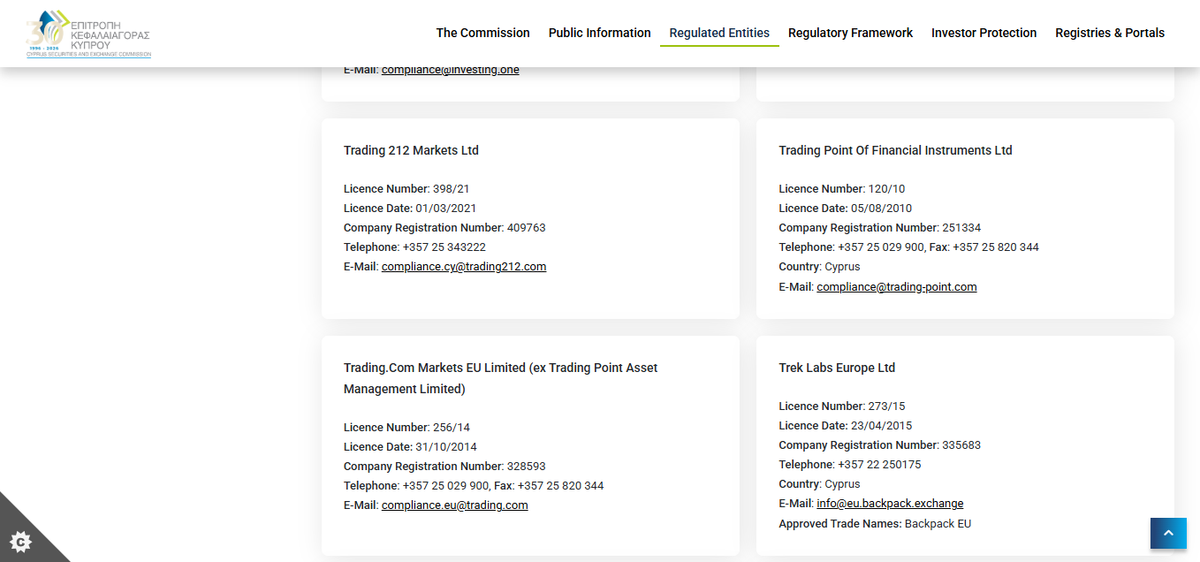 Pagina del registro CySEC che mostra Trading 212 Markets Ltd con licenza 398/21