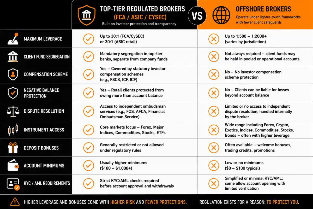 Side-by-side comparison of top-tier regulated brokers versus offshore brokers across key features including leverage, fund protection, and dispute resolution