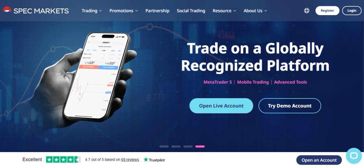 Página de inicio de Spec Markets con opciones de cuenta y condiciones de trading