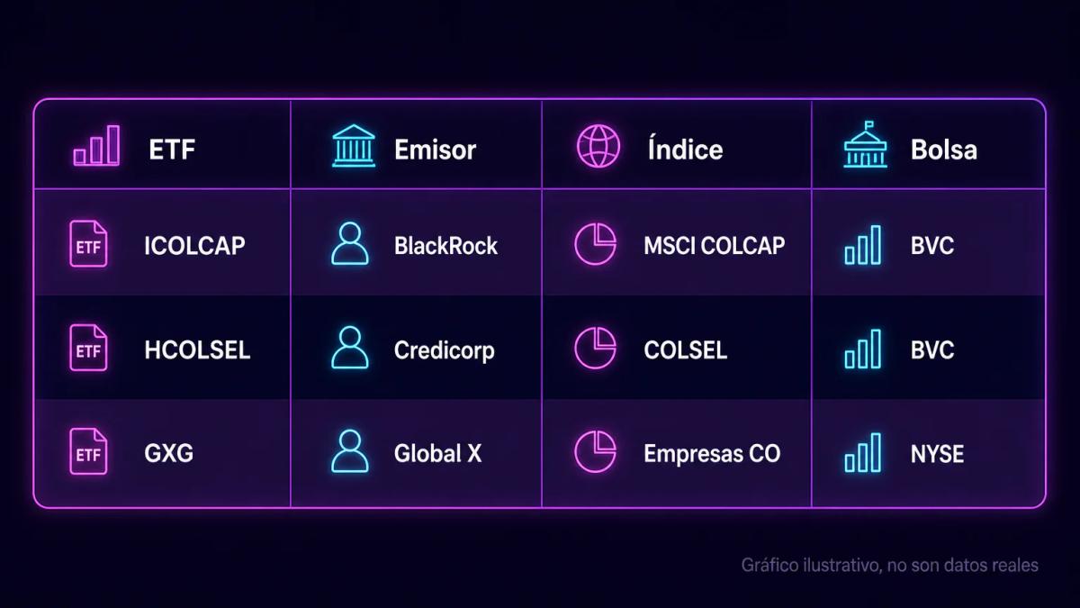 Tabla comparativa de tres ETF colombianos: ICOLCAP, HCOLSEL y GXG con emisor, índice y bolsa