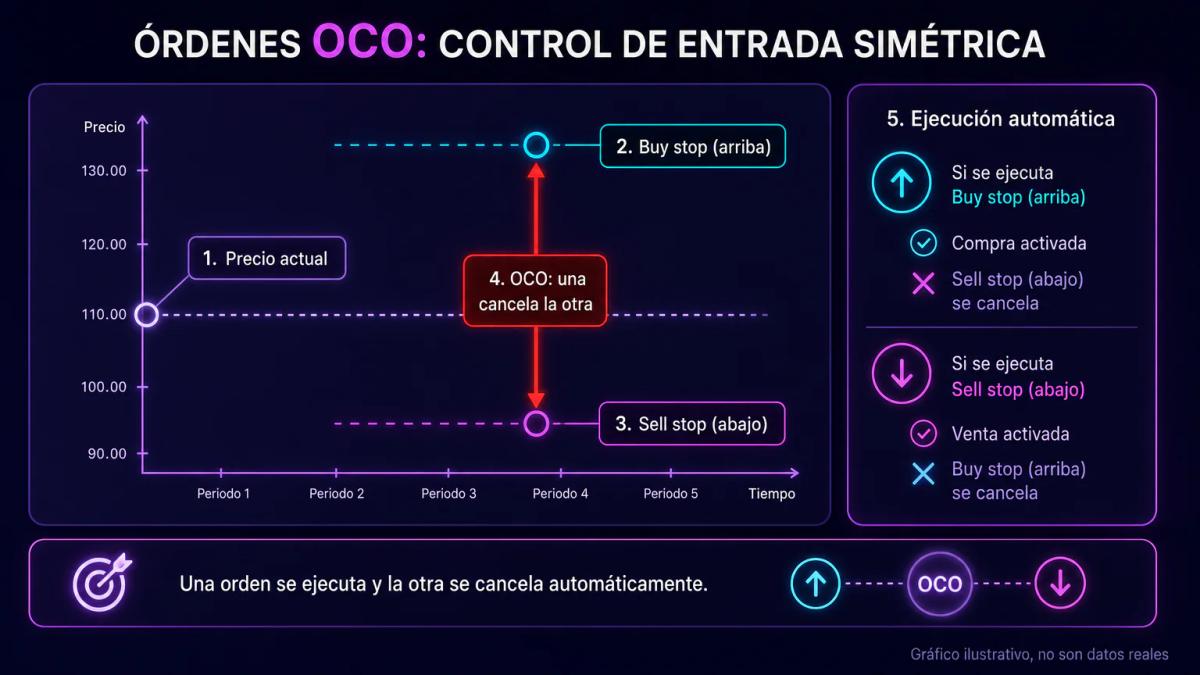 Diagrama editorial mostrando una orden OCO con dos órdenes vinculadas, una por encima y otra por debajo del precio actual, in