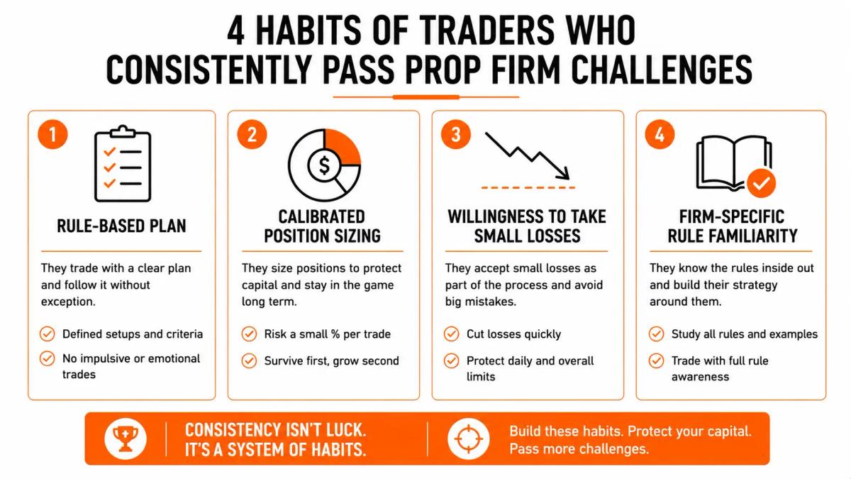 Comparison table contrasting habits of traders who pass challenges versus common failure patterns