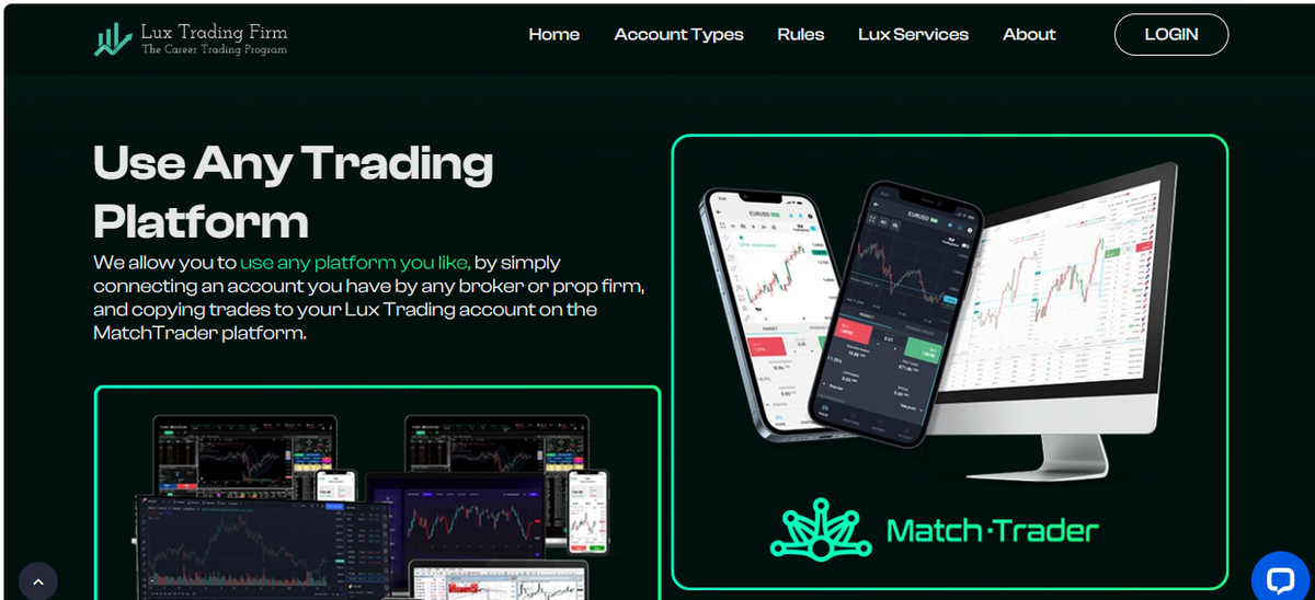 Supported platforms and instrument classes listed for Lux Trading Firm accounts