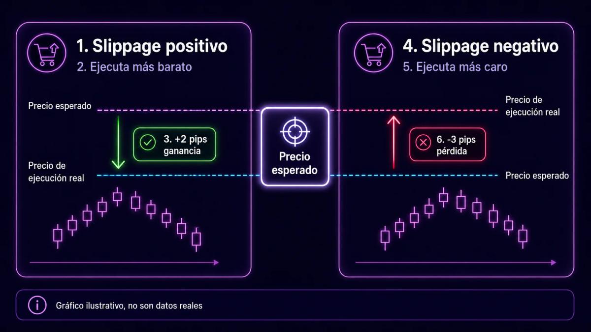 Tabla comparativa de slippage positivo y negativo mostrando precio esperado, precio ejecutado y resultado en pips