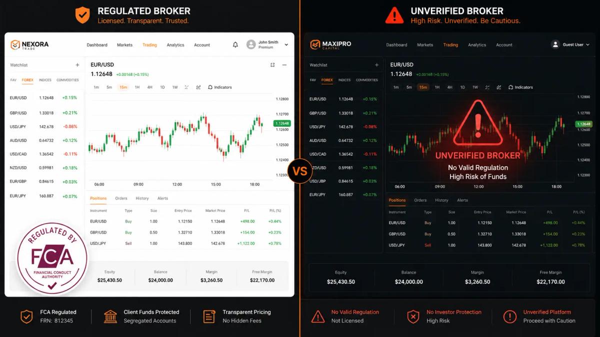 Split image comparing a regulated forex broker interface with a verified badge against an unverified broker interface showing a warning indicator