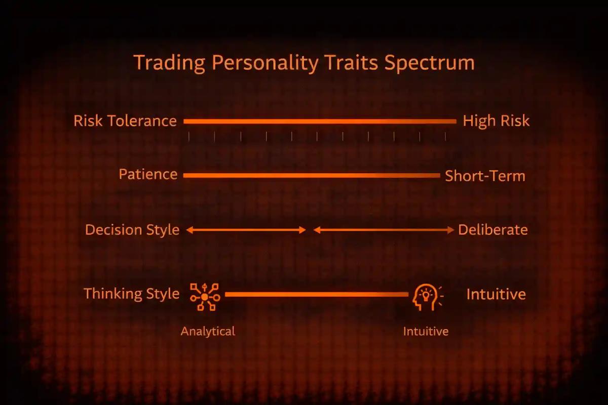 Trading personality traits spectrum diagram showing risk tolerance, patience, decision style, and analytical versus intuitive dimensions