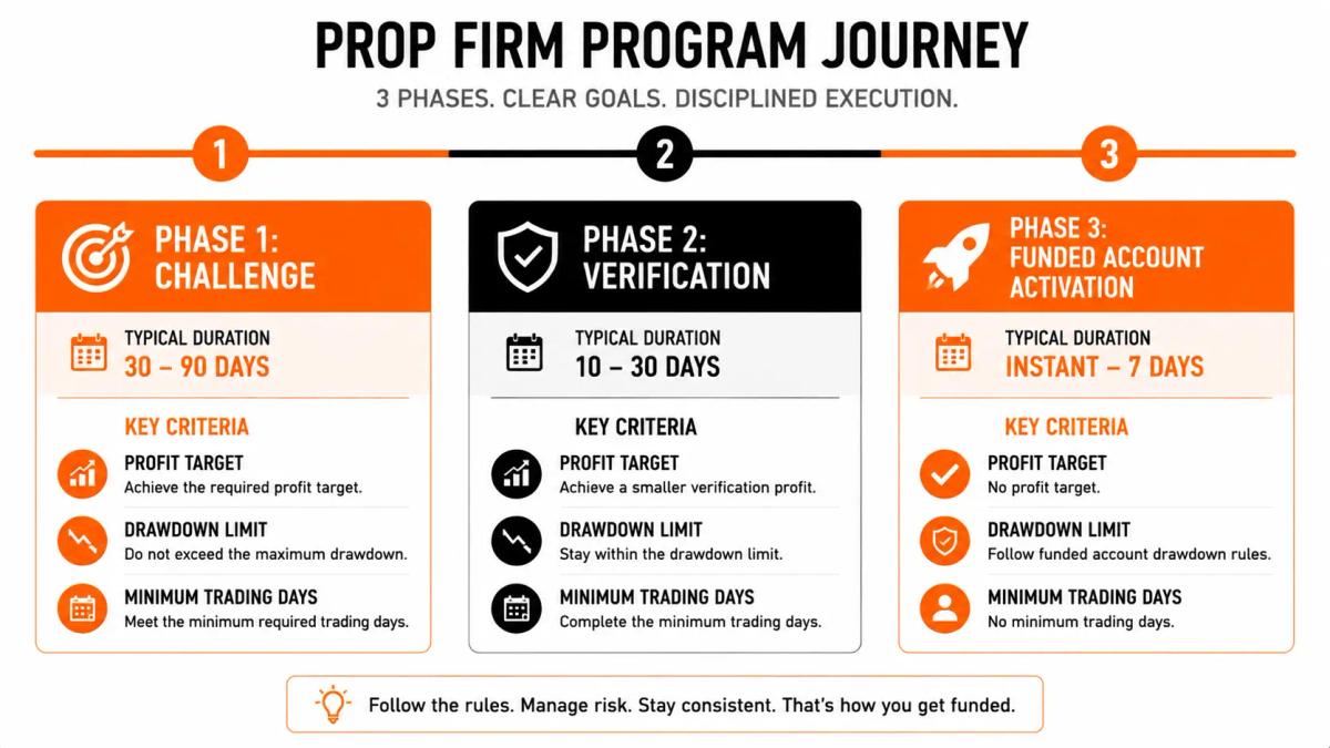 Timeline graphic showing the three phases: Challenge, Verification, Funded Account Activation