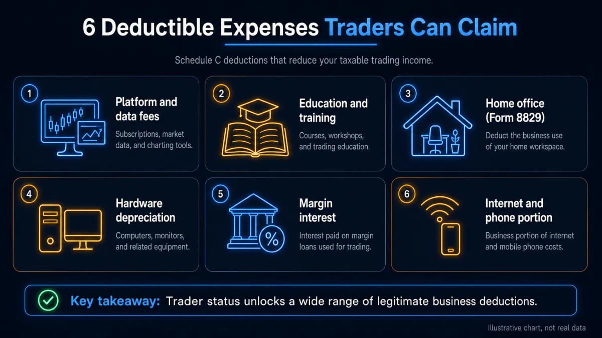 Breakdown of Schedule C deductible expenses for traders: software, data, education, home office, and equipment