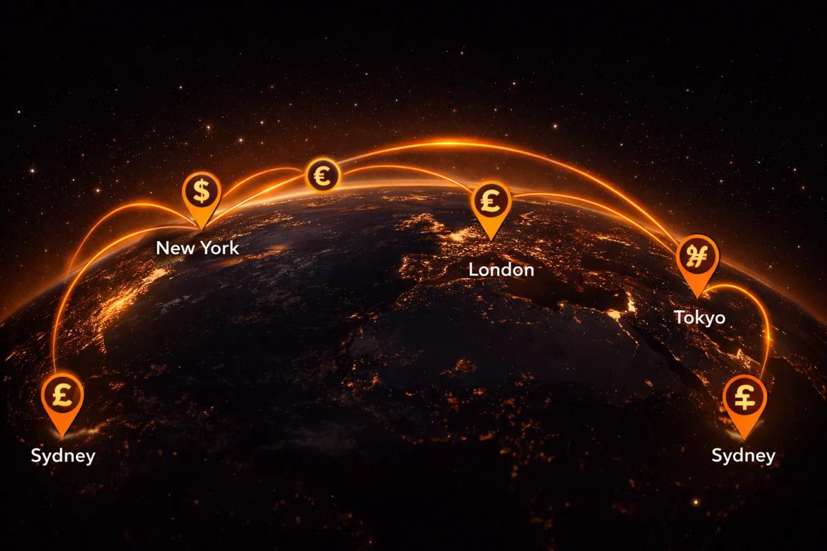 Global forex market illustration showing major financial centers connected by currency symbols