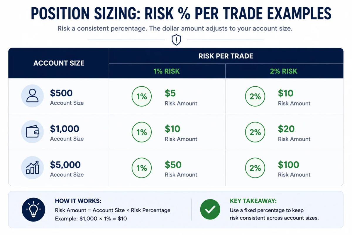 Position sizing examples for live trading accounts at 1 and 2 percent risk per trade
