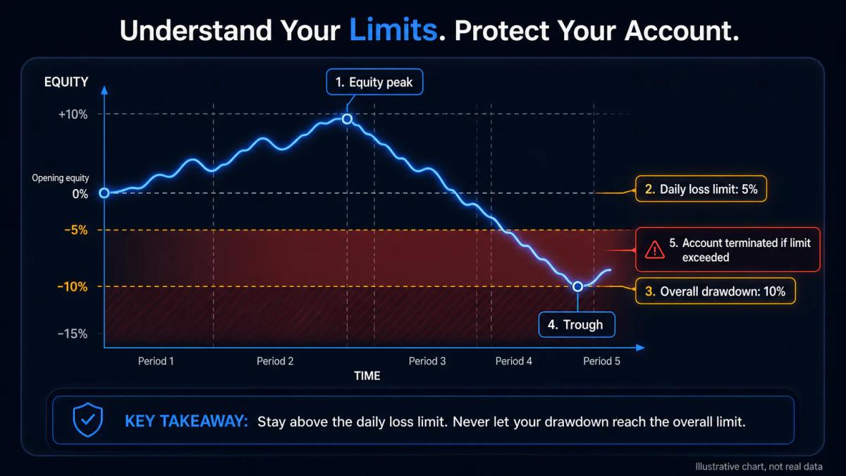 Equity curve showing drawdown from peak to trough, with daily loss limit and overall drawdown threshold marked