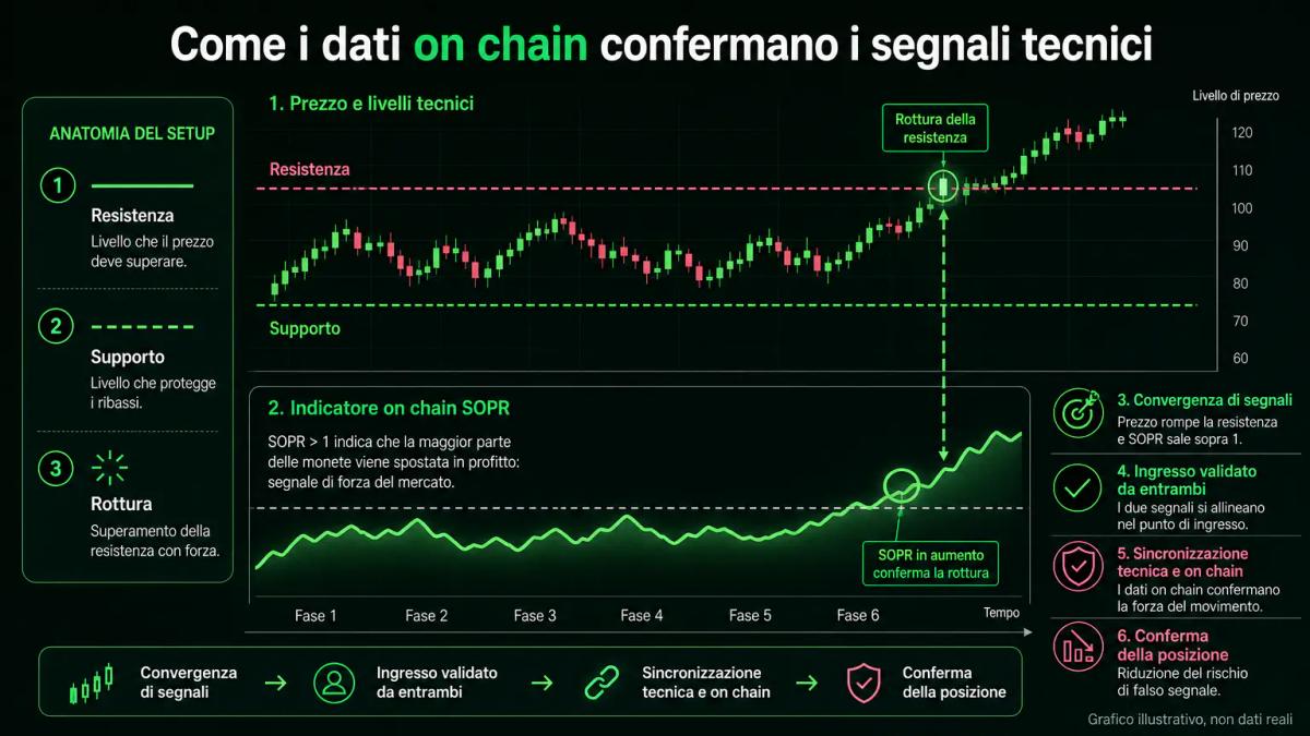Grafico di prezzo con supporto e resistenza sovrapposti a un indicatore on chain (SOPR) che mostra la convergenza di segnali