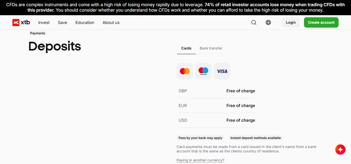 XTB deposits and withdrawals page showing UK payment methods, fees and processing times