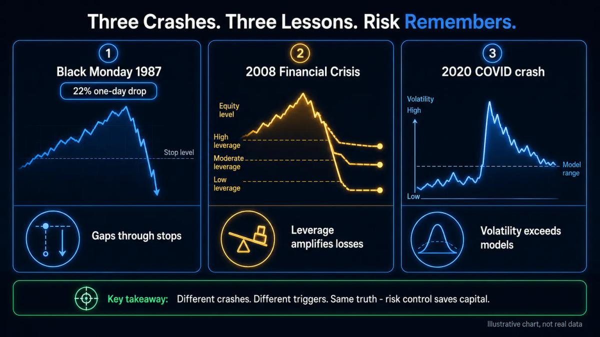 Three market crash events with percentage drops and key risk lessons: Black Monday 1987 22 percent gap, 2008 leverage amplifi