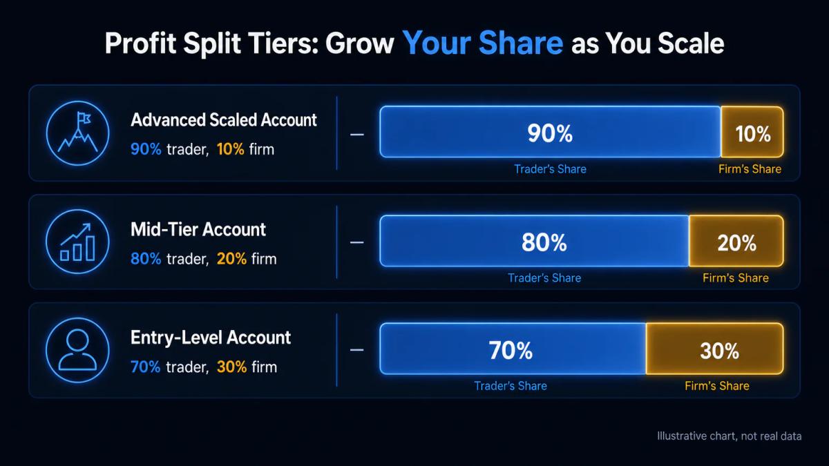 Profit split scale from 70/30 entry-level to 90/10 advanced tier, showing trader share increasing with account tier