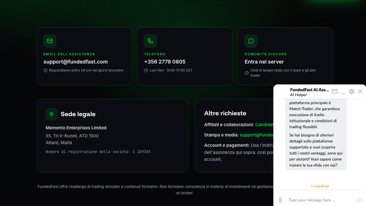 Centro assistenza di FundedFast con chat dal vivo e orari di supporto