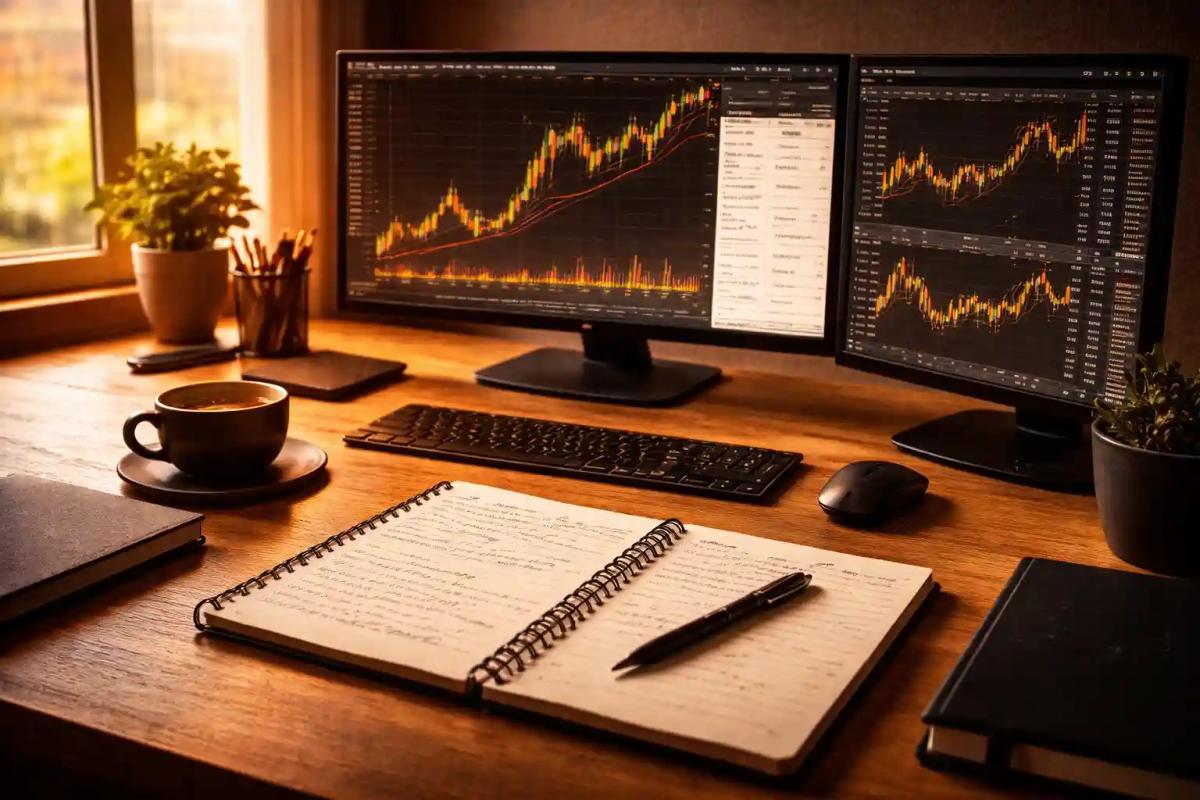 Organized trading desk with monitors showing charts, open trading journal, and coffee cup in morning light
