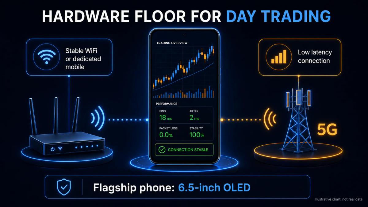 Flagship smartphone with 6.5-inch OLED screen connected to a WiFi router and mobile signal tower, showing stable connection i