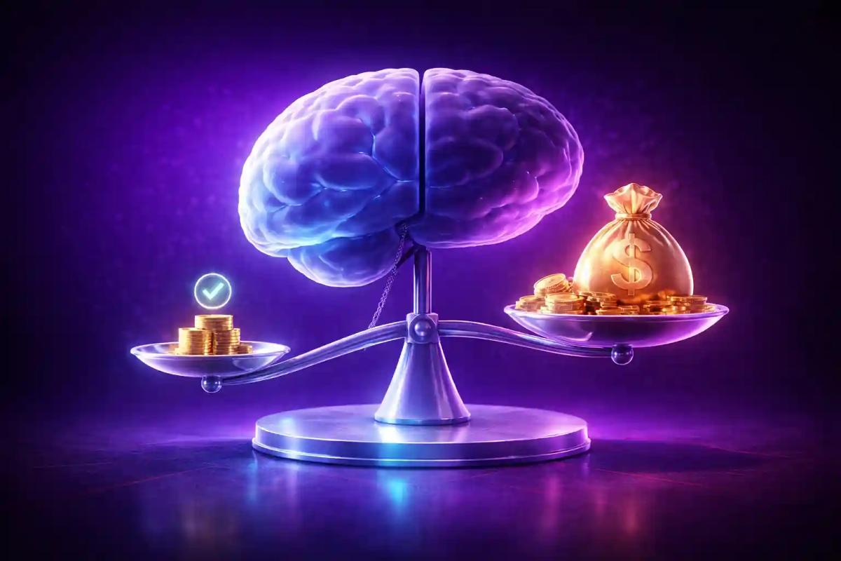 Cerebro 3D con balanza desequilibrada representando codicia vs. control en trading