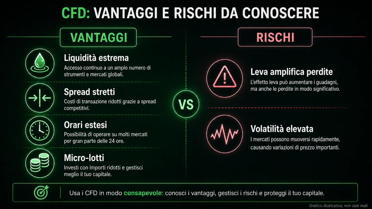 Tabella comparativa dei vantaggi e rischi del forex per trader retail con icone e descrizioni