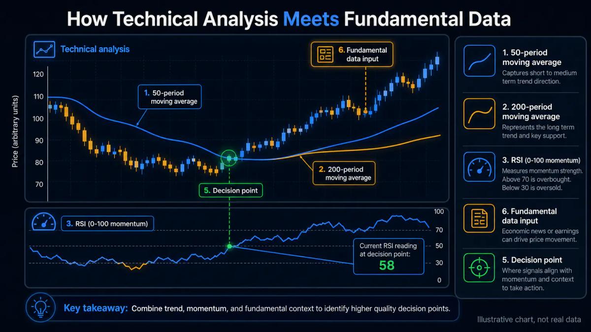 Price chart with 50-period and 200-period moving averages crossing, RSI indicator below showing momentum, and annotations lab