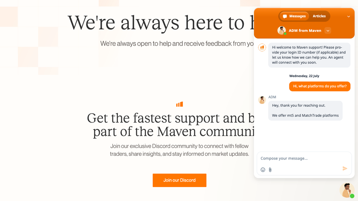 Centro assistenza di Maven Trading con articoli e canali di contatto