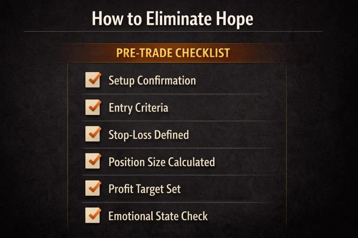 Pre-trade checklist infographic with six verification items for strategy-based trading decisions