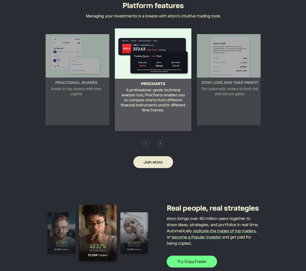 eToro platform overview showing charts, watchlists and CopyTrader features