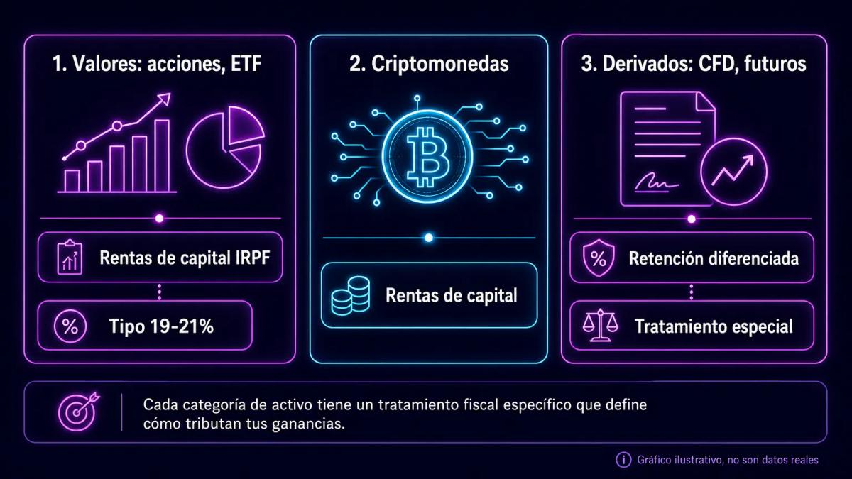 Tres categorías de activos con sus tipos impositivos: acciones y ETF al 19-21%, criptomonedas como rentas de capital, derivad